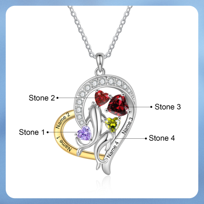 Personalised Dolphin Heart Necklace with Custom 4 Names & 4 Birthstones Christmas Gift for Her | Jessemade