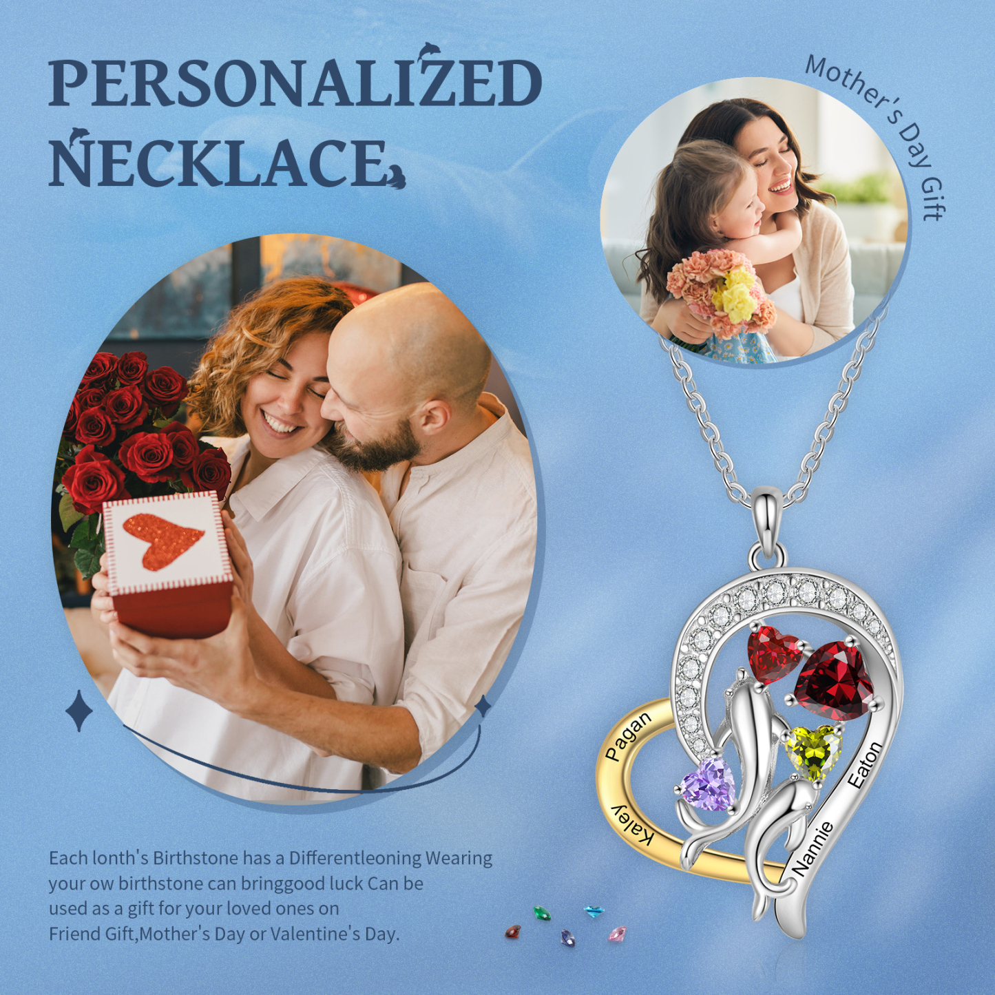 Personalised Dolphin Heart Necklace with Custom 4 Names & 4 Birthstones Christmas Gift for Her | Jessemade