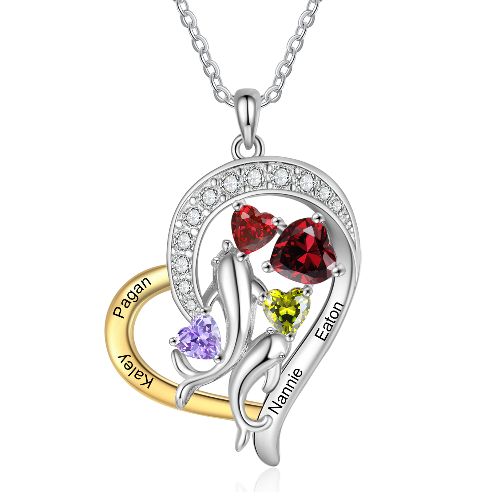 Personalised Dolphin Heart Necklace with Custom 4 Names & 4 Birthstones Christmas Gift for Her | Jessemade
