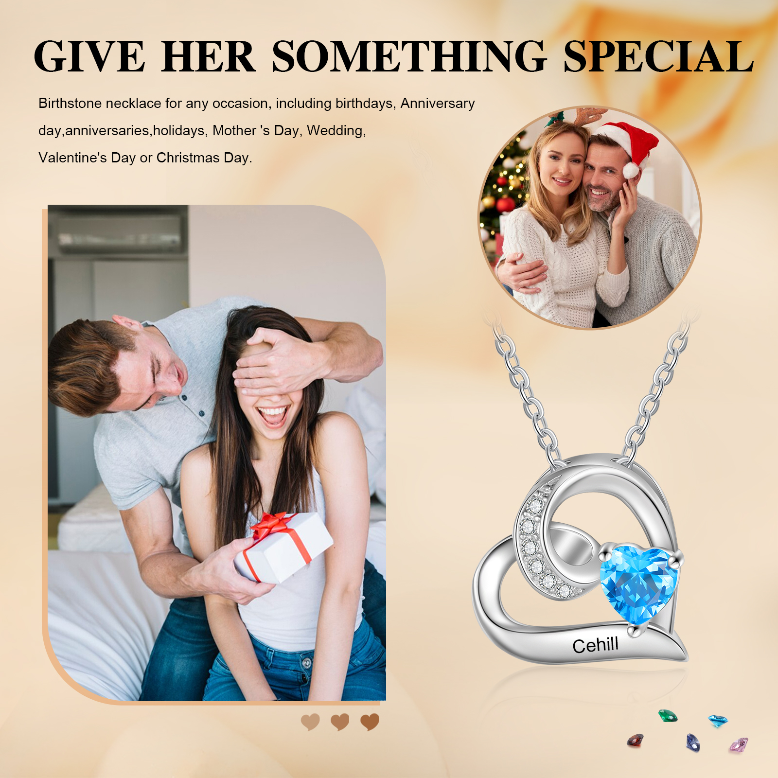 1 Name-Personalised Hearts Necklace Custom Birthstone & Necklace Engraved Names Special Gifts for Her | Jessemade