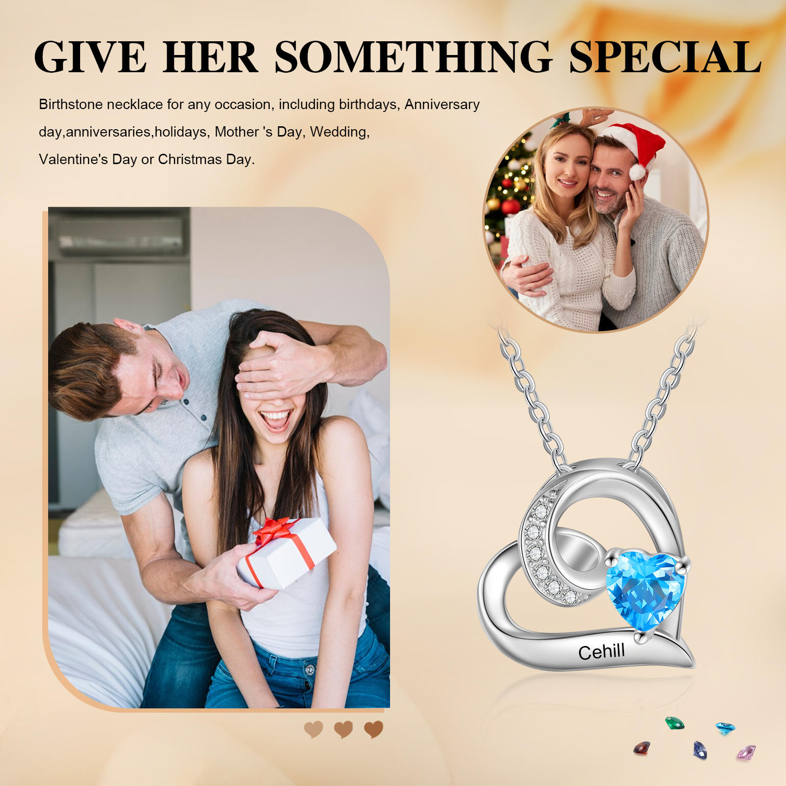 1 Name-Personalised Hearts Necklace Custom Birthstone & Necklace Engraved Names Special Gifts for Her | Jessemade