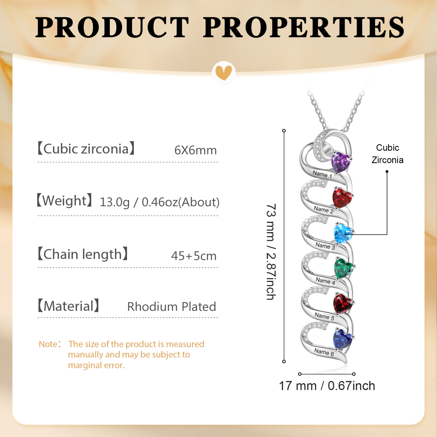 6 Names-Personalised Hearts Necklace Custom Birthstone & Necklace Engraved Names Special Gifts for Her | Jessemade