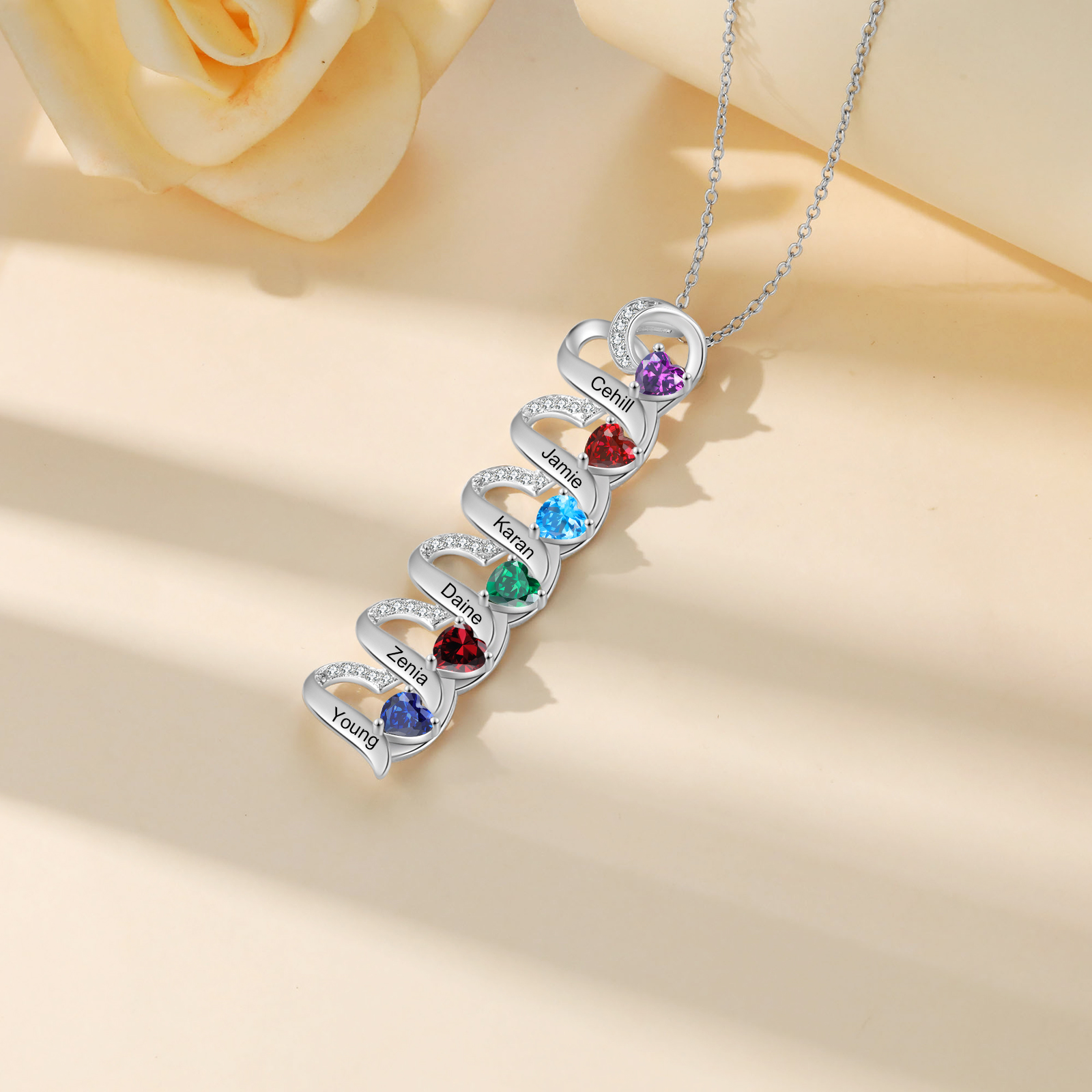 6 Names-Personalised Hearts Necklace Custom Birthstone & Necklace Engraved Names Special Gifts for Her | Jessemade