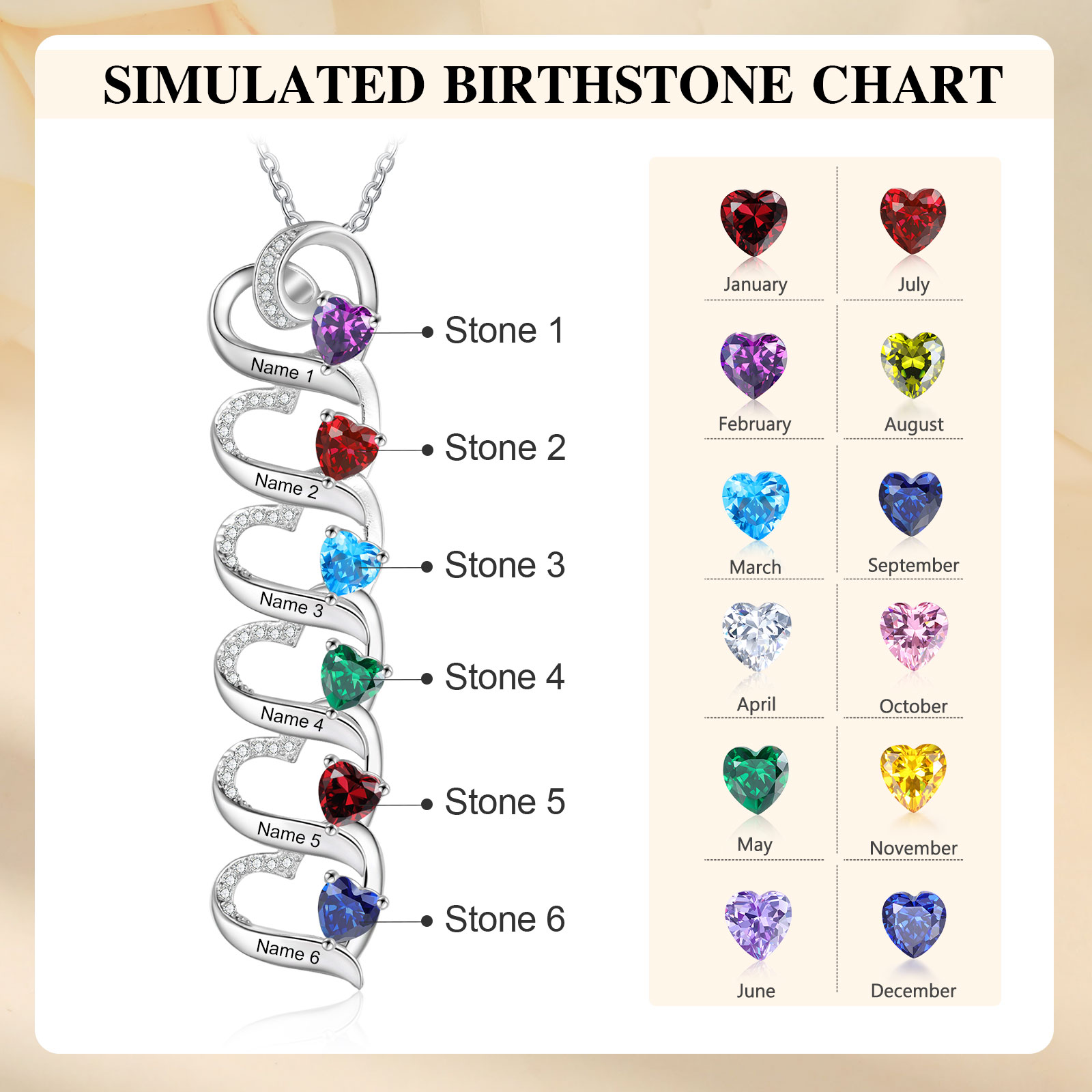 6 Names-Personalised Hearts Necklace Custom Birthstone & Necklace Engraved Names Special Gifts for Her | Jessemade