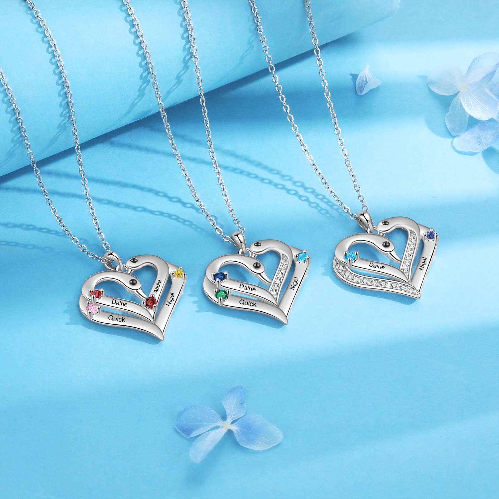 Personalized Heart Necklace – Custom 4 Names & 4 Birthstones Pendant Gift for Mum/Nan | Jessemade