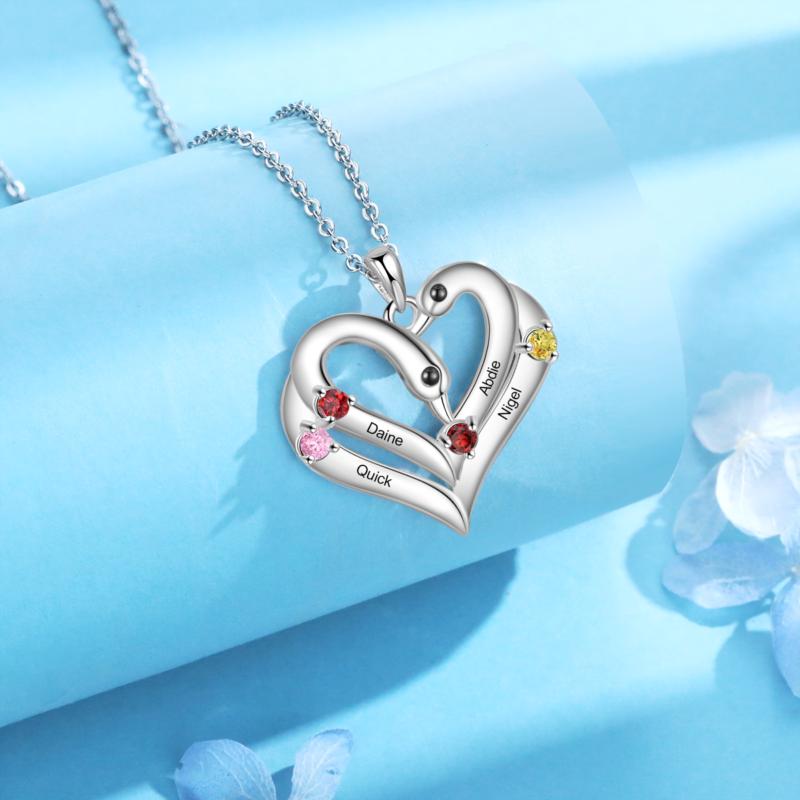 Personalized Heart Necklace – Custom 4 Names & 4 Birthstones Pendant Gift for Mum/Nan | Jessemade
