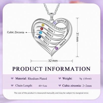 Personalised Hearts Necklace Custom 6 Names & 6 Birthstones Pendant Gifts for Mum/Nan | Jessemade