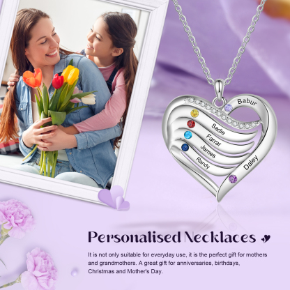 Personalised Hearts Necklace Custom 6 Names & 6 Birthstones Pendant Gifts for Mum/Nan | Jessemade