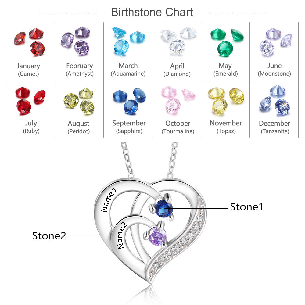 Personalised Heart Necklace with Custom 2 Names & 2 Birthstones - Women's Pendant Christmas Gift for Mum/Nan | Jessemade