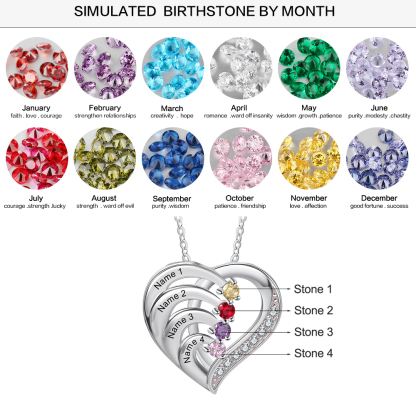 Personalised Heart Necklace with Custom 4 Names & 4 Birthstones - Women's Pendant Christmas Gift for Mum/Nan | Jessemade