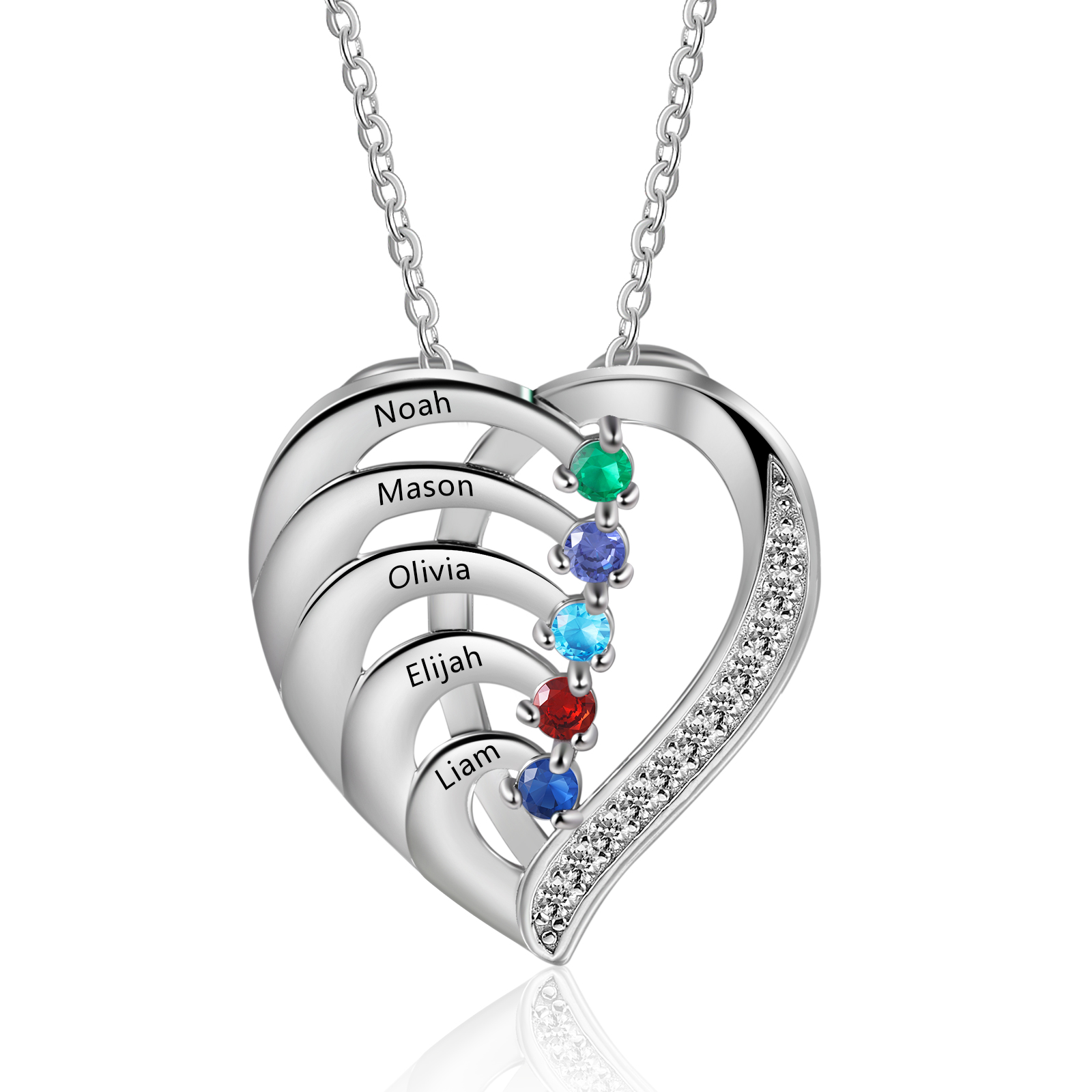 Personalised Heart Necklace with Custom 5 Names & 5 Birthstones - Women's Pendant Christmas Gift for Mum/Nan | Jessemade
