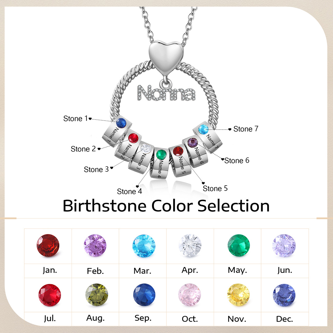 Collana Personalizzata con 7 Nomi e 7 Pietre di Nascita - Un Legame Inciso nel Cuore per Sempre - Regalo di Natale per Nonna | Jessemade