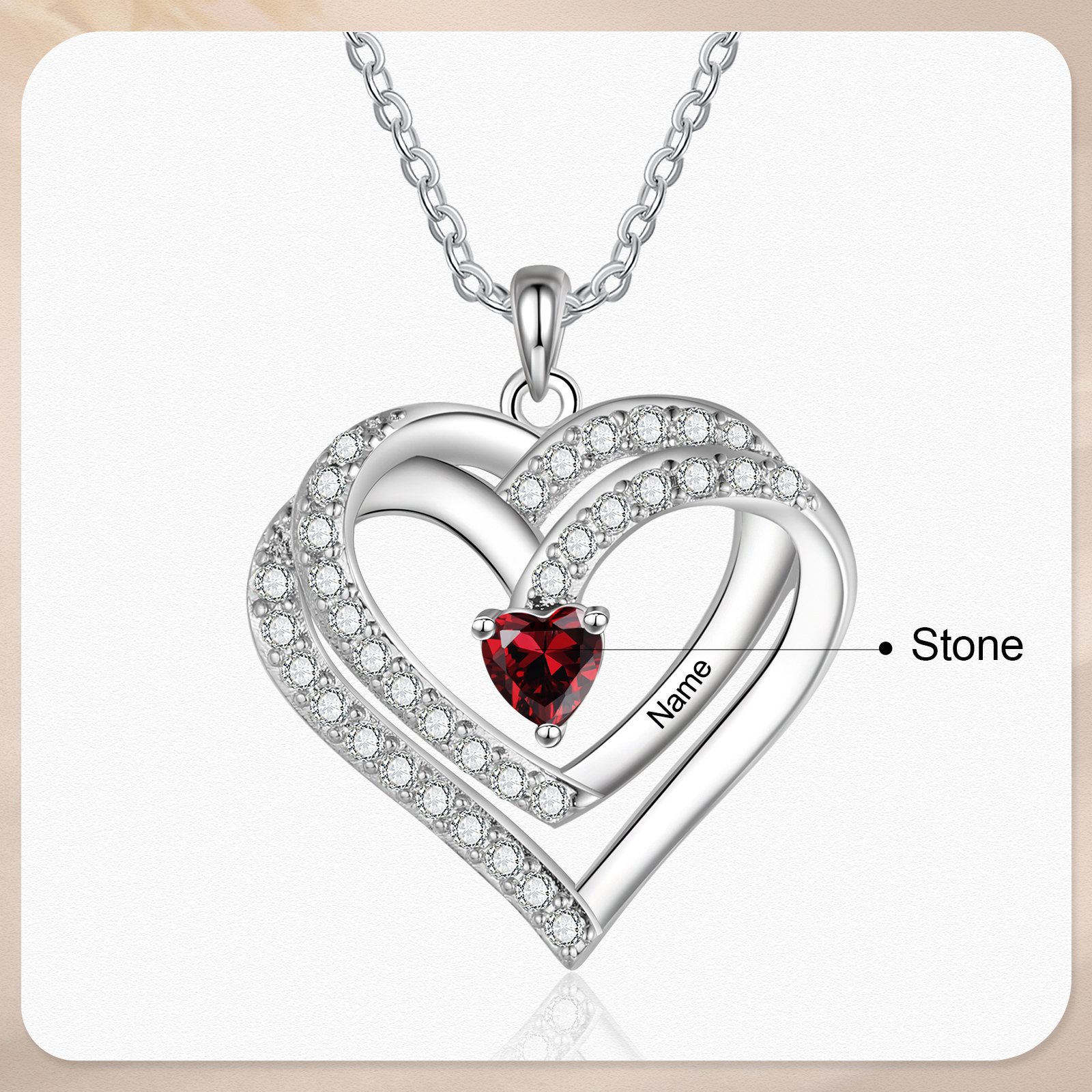 Collana Personalizzata da Donna in Argento 925 con 1 Nome e 1 Pietra della Nascita a Forma di Cuore - Regalo di San Valentino per Lei | Jessemade