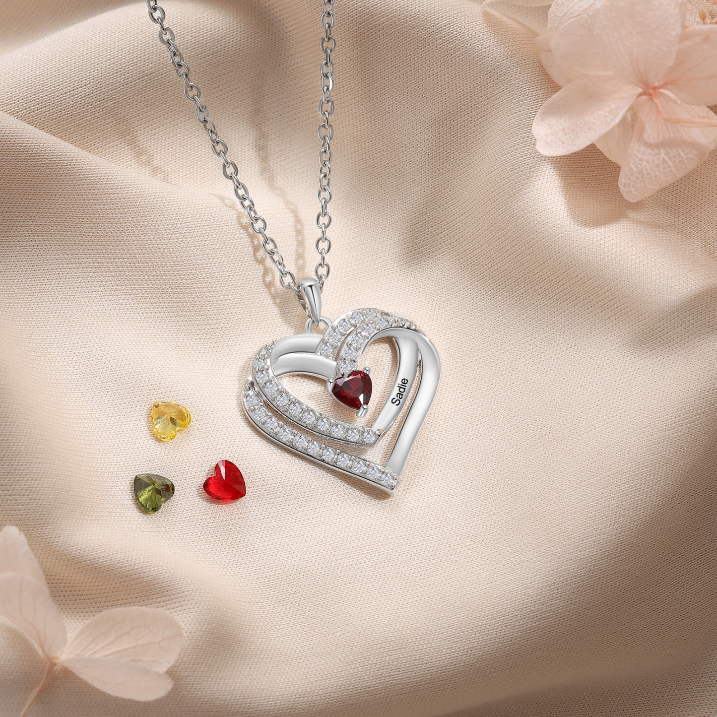 Collana Personalizzata da Donna in Argento 925 con 1 Nome e 1 Pietra della Nascita a Forma di Cuore - Regalo di San Valentino per Lei | Jessemade