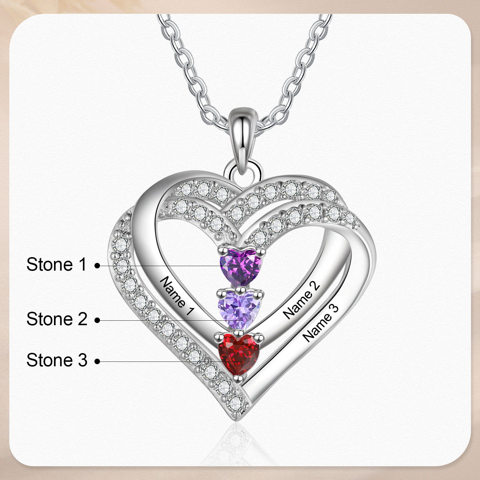 Collana Personalizzata da Donna in Argento 925 con 3 Nomi e 3 Pietre della Nascita a Forma di Cuore - Regalo di San Valentino per Lei | Jessemade