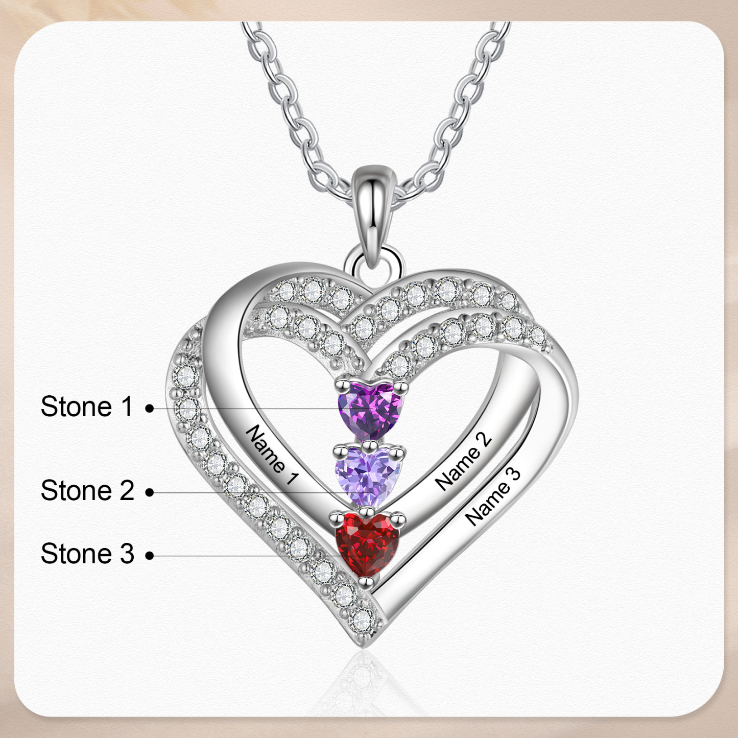 Collana Personalizzata da Donna in Argento 925 con 3 Nomi e 3 Pietre della Nascita a Forma di Cuore - Regalo di San Valentino per Lei | Jessemade