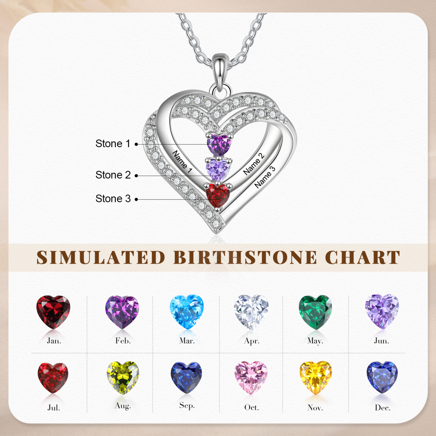 Collana Personalizzata da Donna in Argento 925 con 3 Nomi e 3 Pietre della Nascita a Forma di Cuore - Regalo di San Valentino per Lei | Jessemade