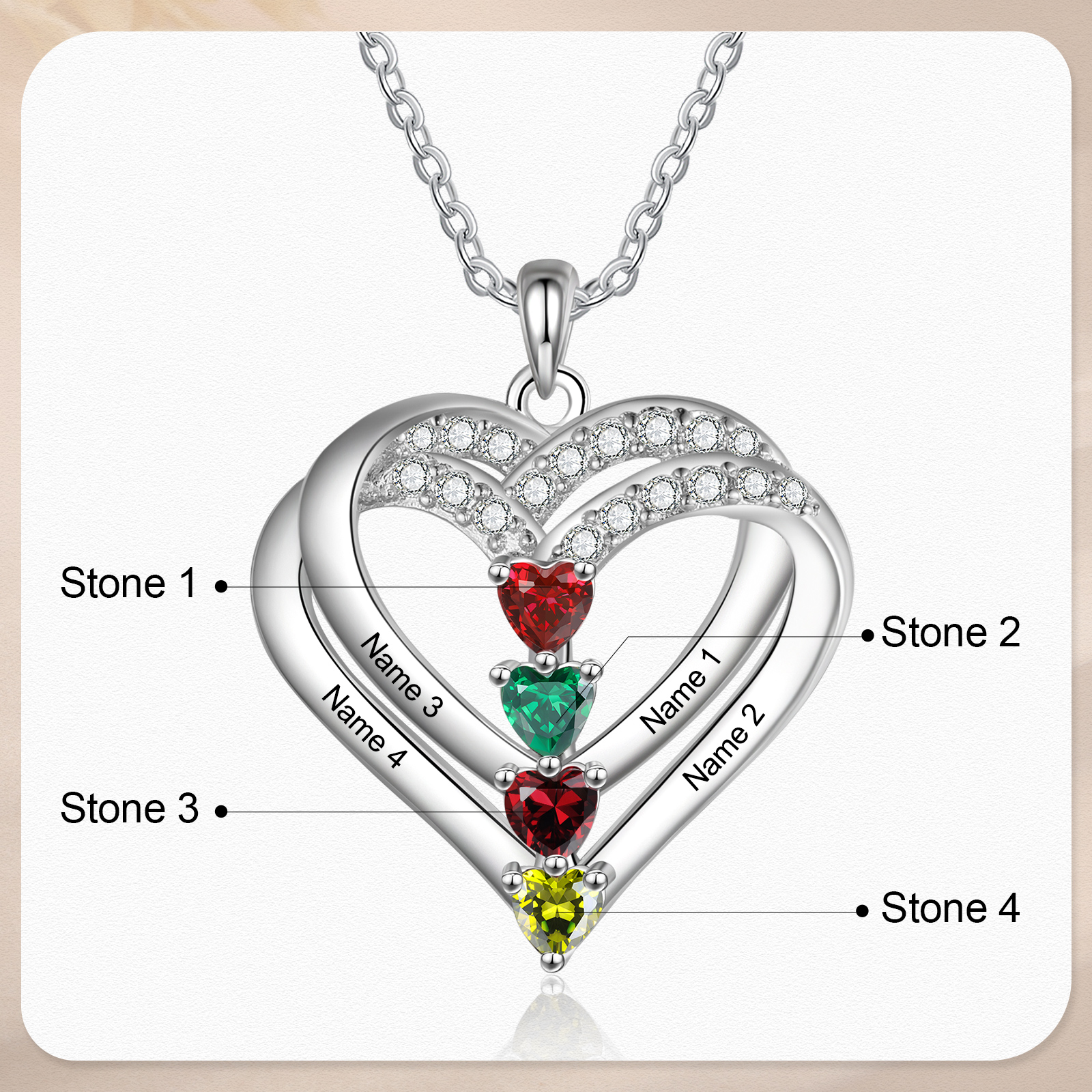 Collana Personalizzata da Donna in Argento 925 con 4 Nomi e 4 Pietre della Nascita a Forma di Cuore - Regalo di San Valentino per Lei | Jessemade