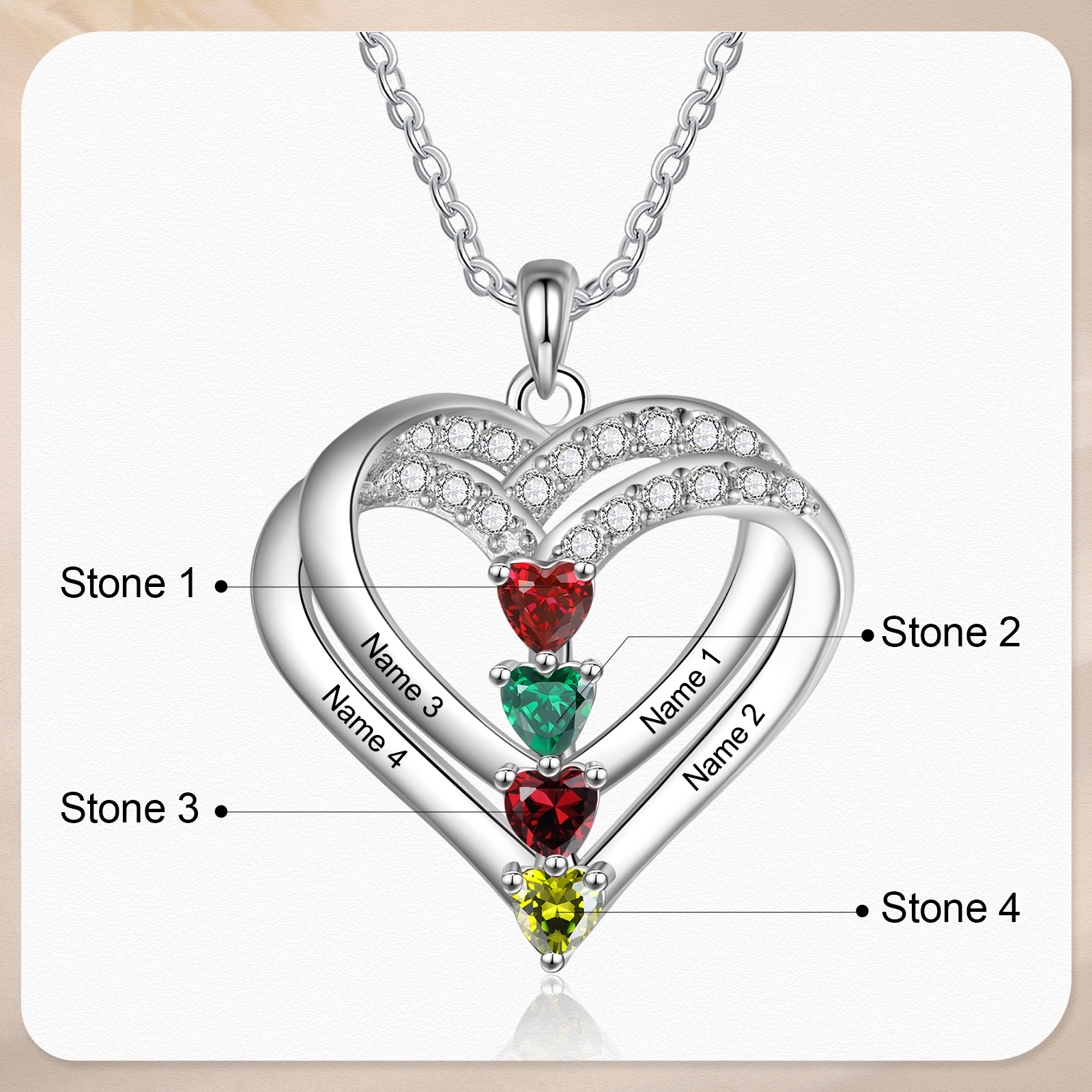 Collana Personalizzata da Donna in Argento 925 con 4 Nomi e 4 Pietre della Nascita a Forma di Cuore - Regalo di San Valentino per Lei | Jessemade