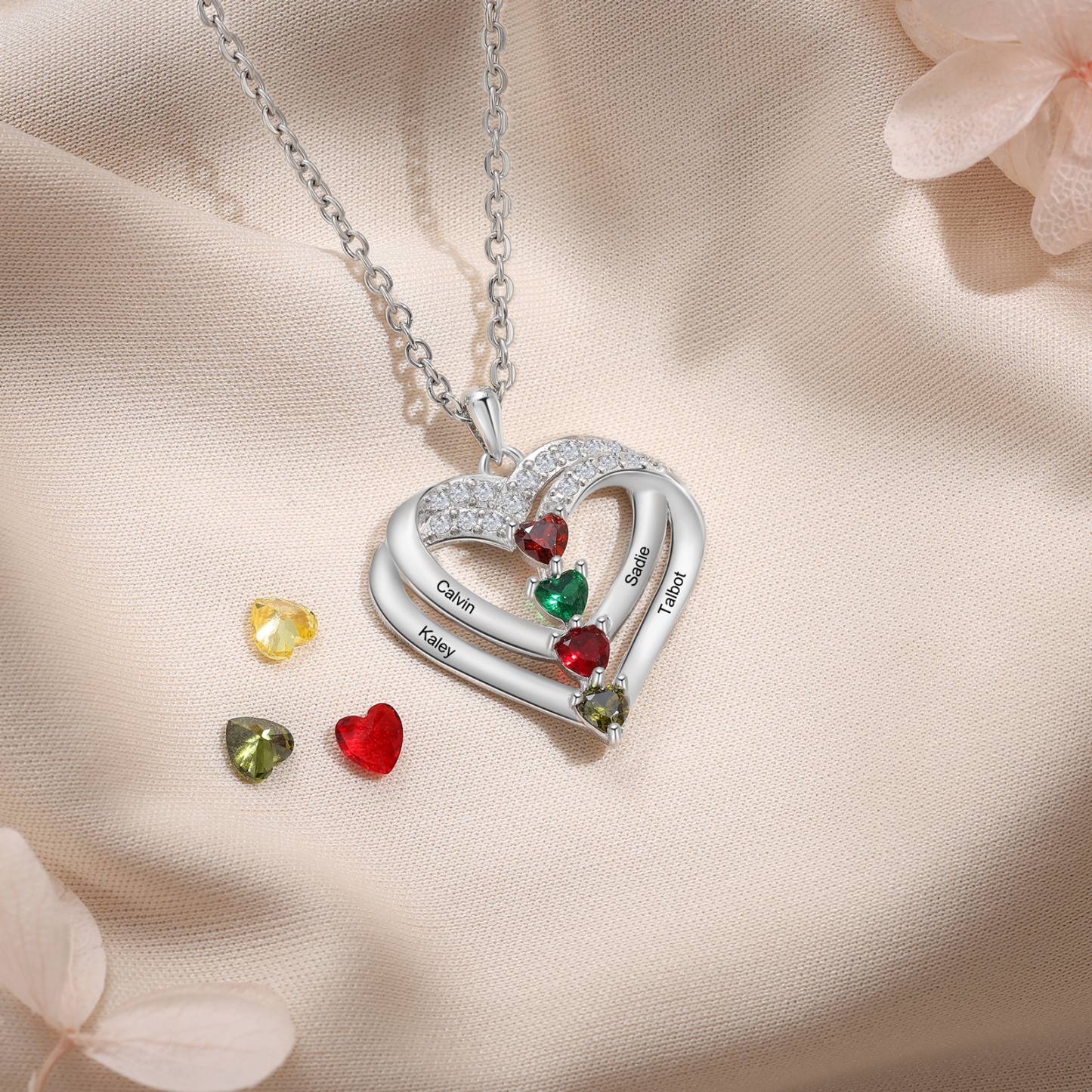 Collana Personalizzata da Donna in Argento 925 con 4 Nomi e 4 Pietre della Nascita a Forma di Cuore - Regalo di San Valentino per Lei | Jessemade