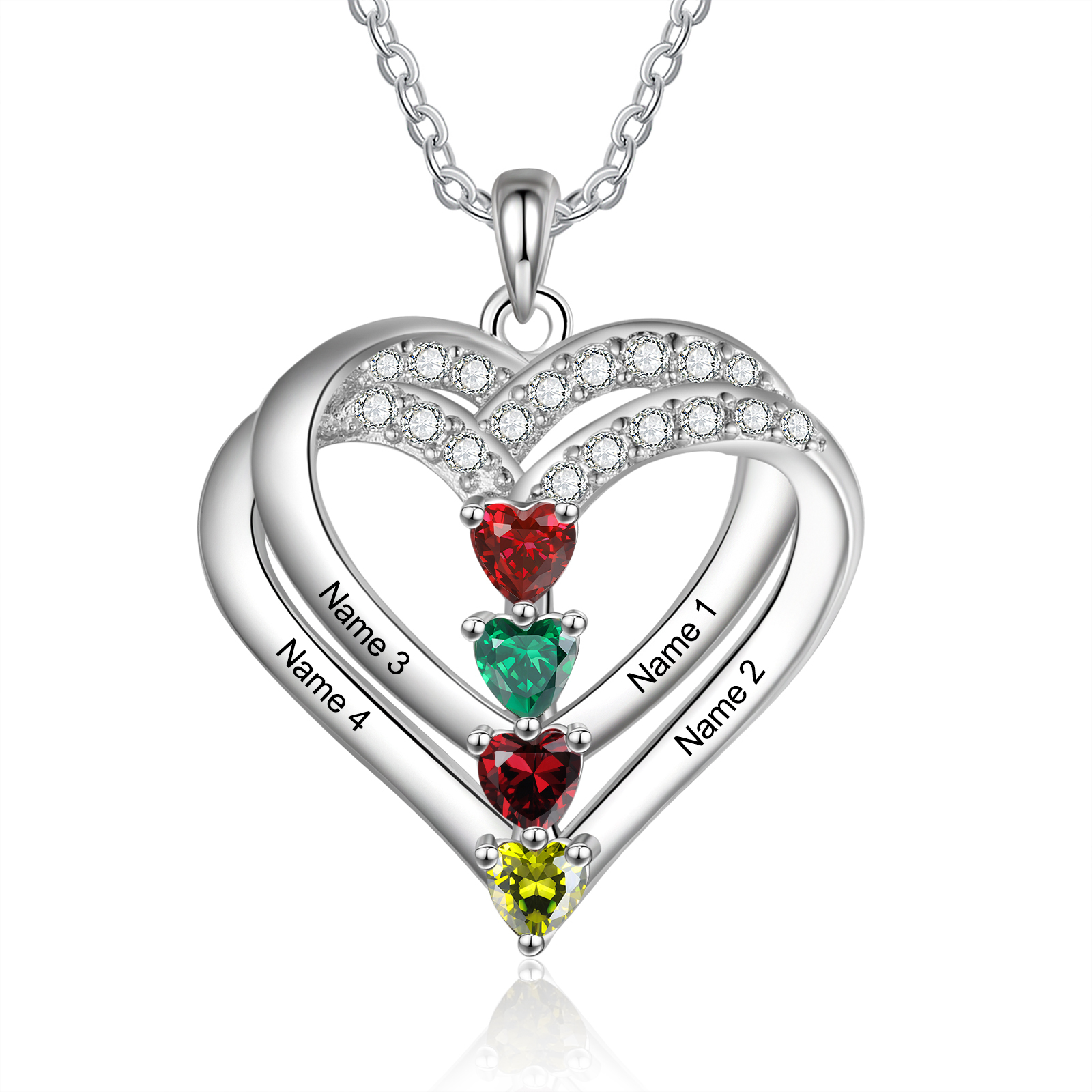 Collana Personalizzata da Donna in Argento 925 con 4 Nomi e 4 Pietre della Nascita a Forma di Cuore - Regalo di San Valentino per Lei | Jessemade