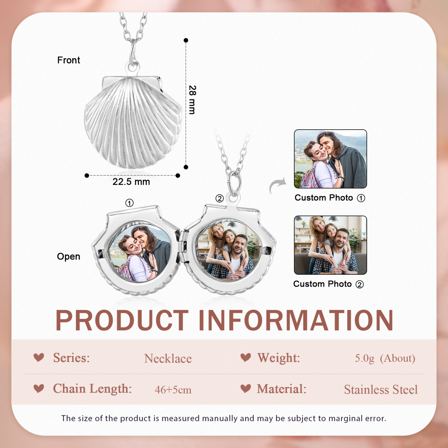 Personalised Women’s Seashell Locket Necklace – Customisable with 2 Photos, Available in Silver, Gold, and Rose Gold | Valentine’s Day Gift for Her | Jessemade
