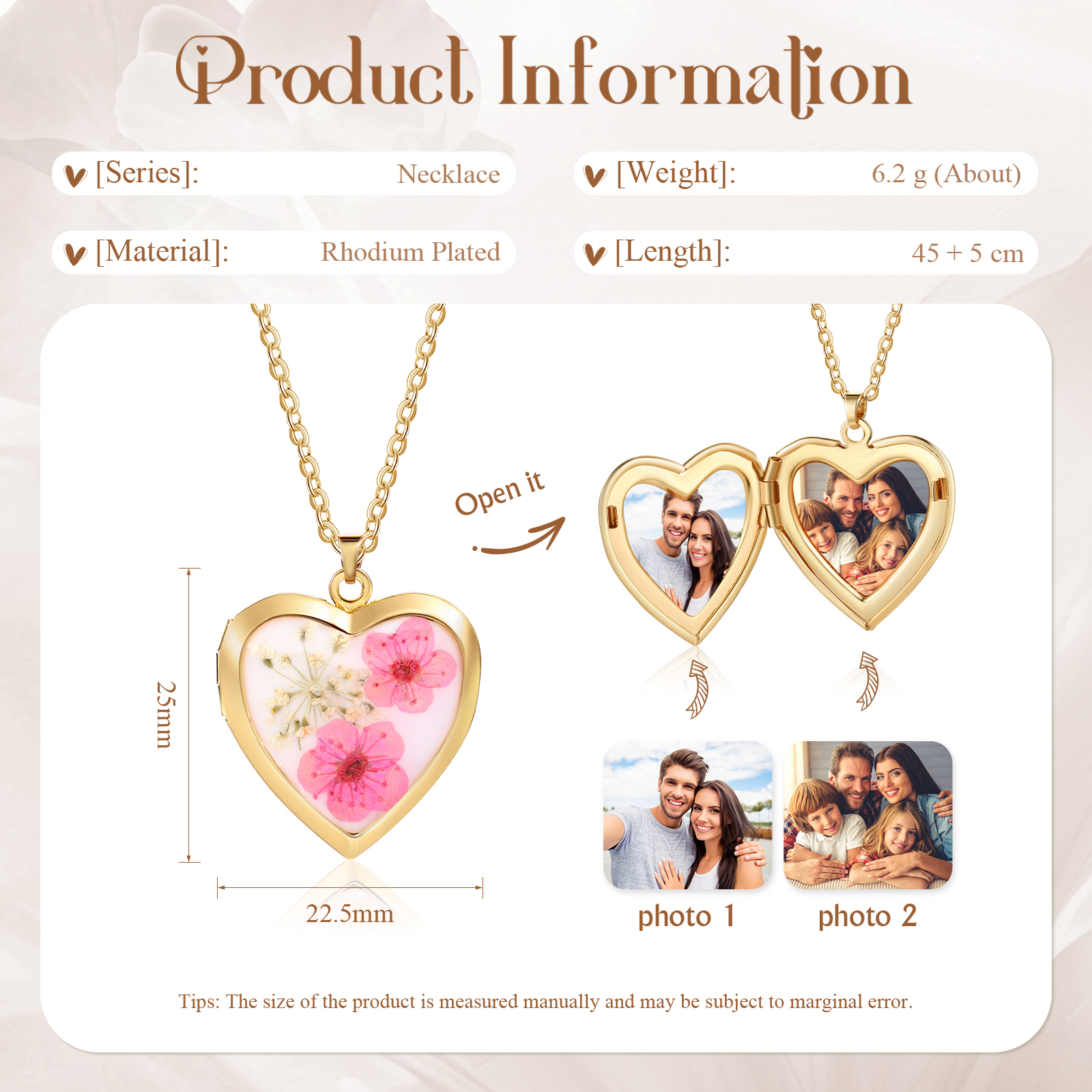 Collana Personalizzata a Forma di Cuore con Fiori e 2 Foto - Disponibile in 3 Colori - Regalo di San Valentino per Lei | Jessemade