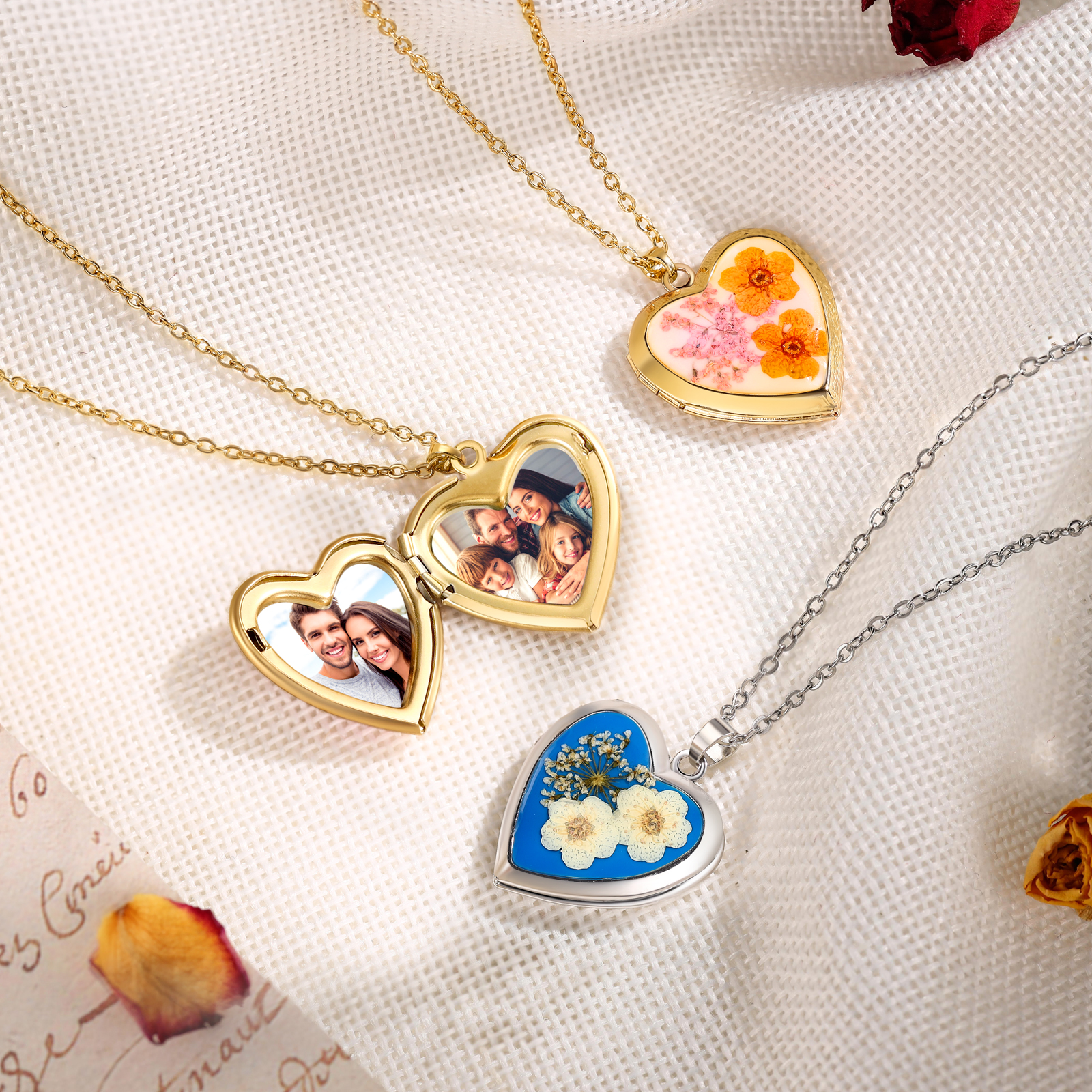 Collana Personalizzata a Forma di Cuore con Fiori e 2 Foto - Disponibile in 3 Colori - Regalo di San Valentino per Lei | Jessemade