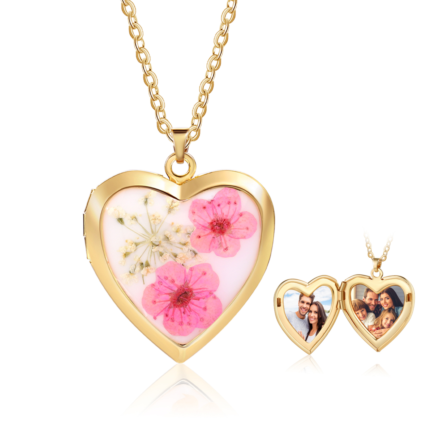 Collana Personalizzata a Forma di Cuore con Fiori e 2 Foto - Disponibile in 3 Colori - Regalo di San Valentino per Lei | Jessemade