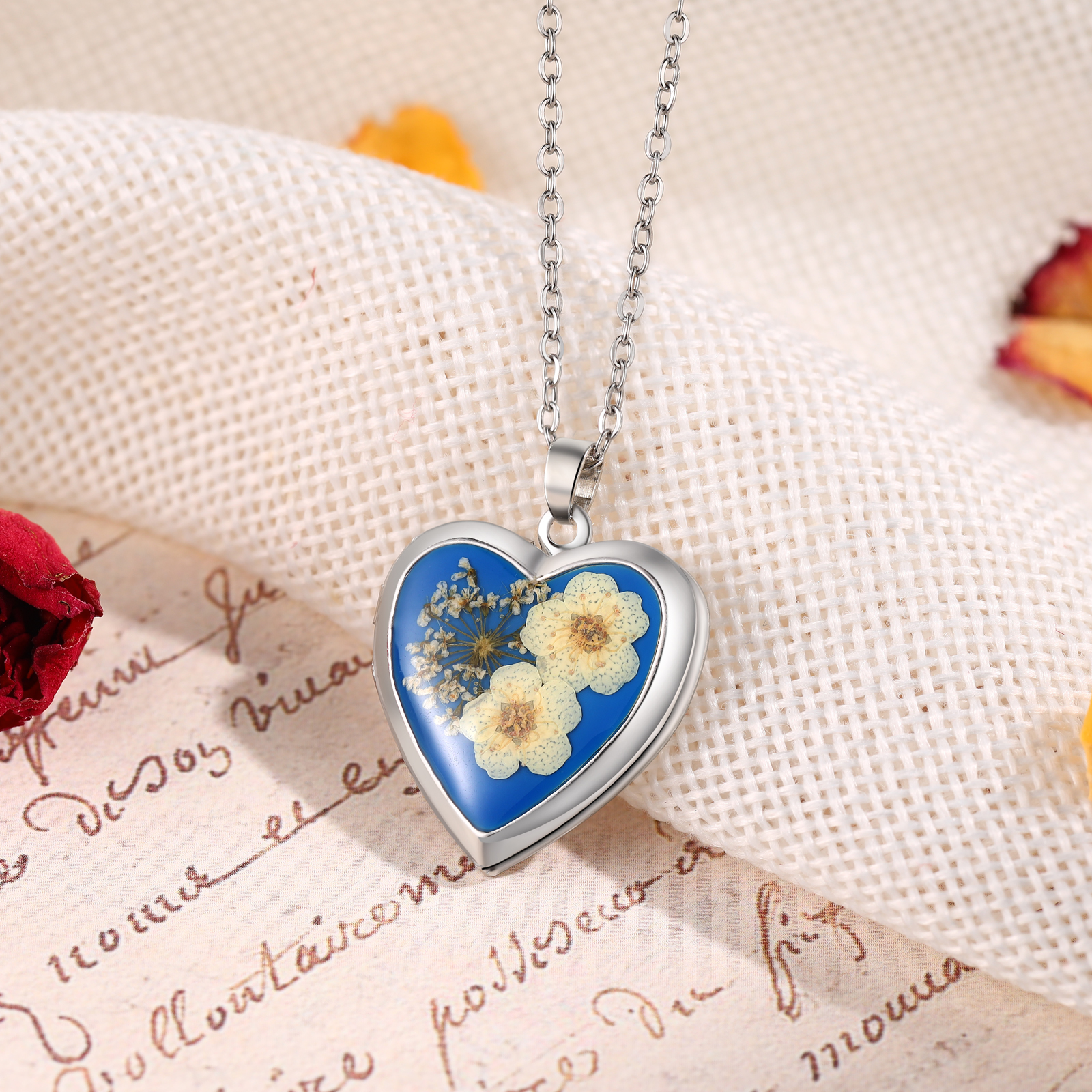 Collana Personalizzata a Forma di Cuore con Fiori e 2 Foto - Disponibile in 3 Colori - Regalo di San Valentino per Lei | Jessemade