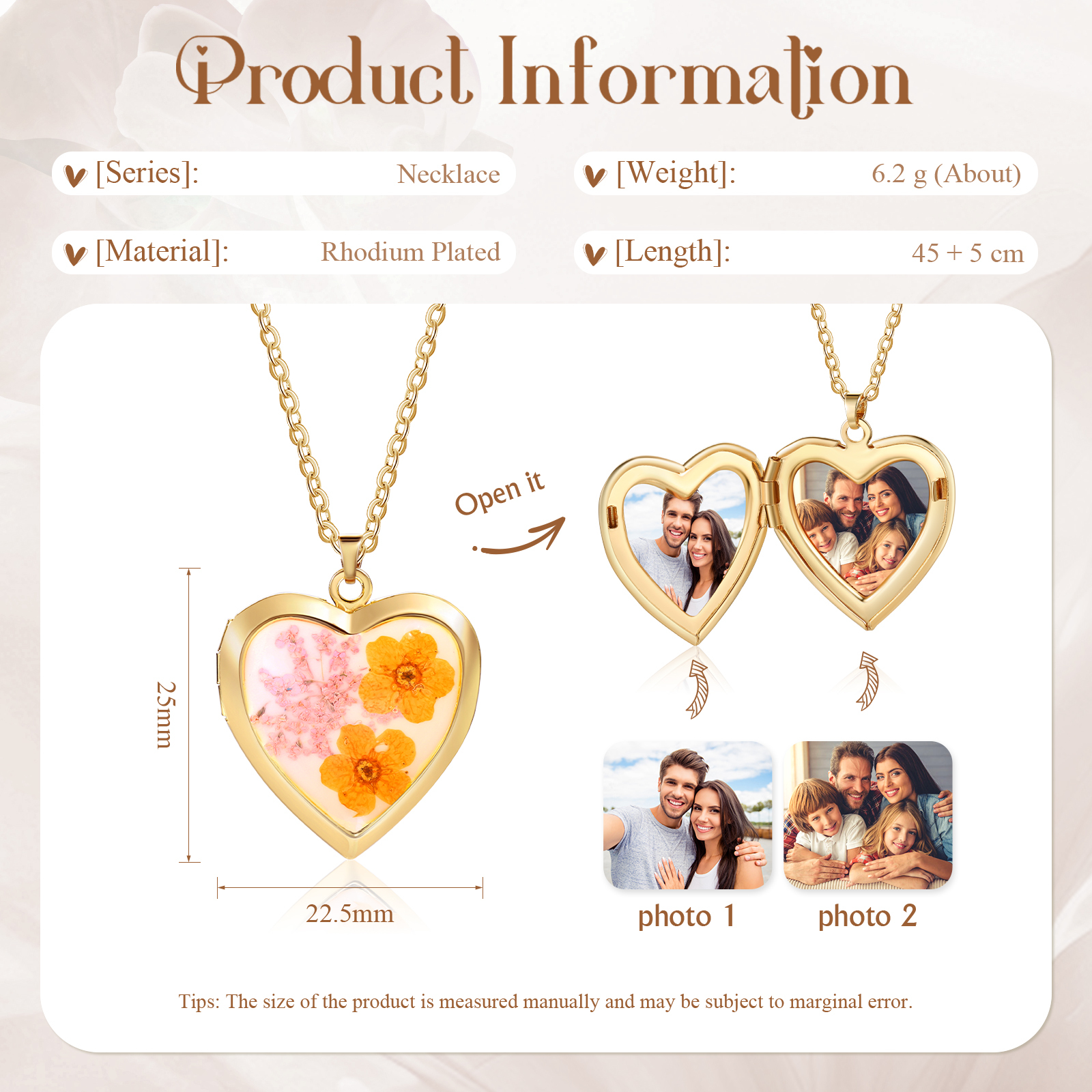 Collana Personalizzata a Forma di Cuore con Fiori e 2 Foto - Disponibile in 3 Colori - Regalo di San Valentino per Lei | Jessemade
