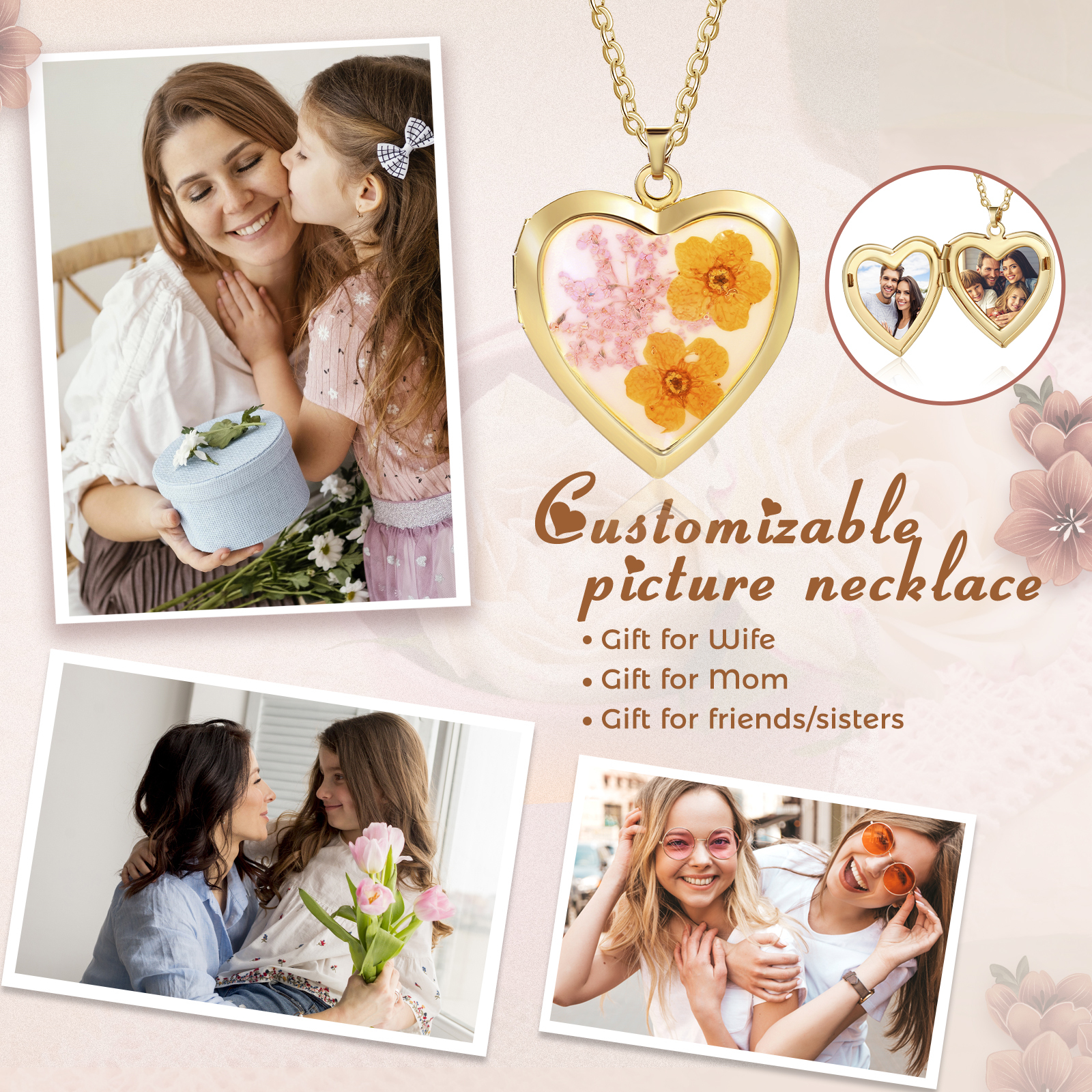 Collana Personalizzata a Forma di Cuore con Fiori e 2 Foto - Disponibile in 3 Colori - Regalo di San Valentino per Lei | Jessemade