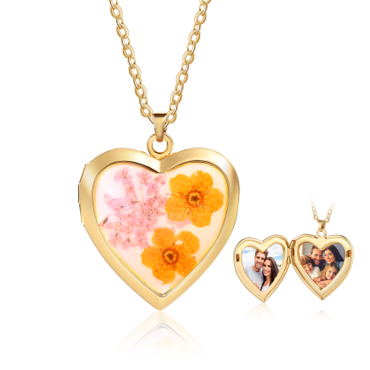 Collana Personalizzata a Forma di Cuore con Fiori e 2 Foto - Disponibile in 3 Colori - Regalo di San Valentino per Lei | Jessemade