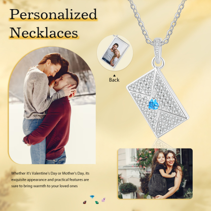 Personalised Envelope Pendant Necklace - Customised with 1 Photo & 1 Birthstone, Available in 4 Colours, Valentine’s Day Gift for Couple | Jessemade