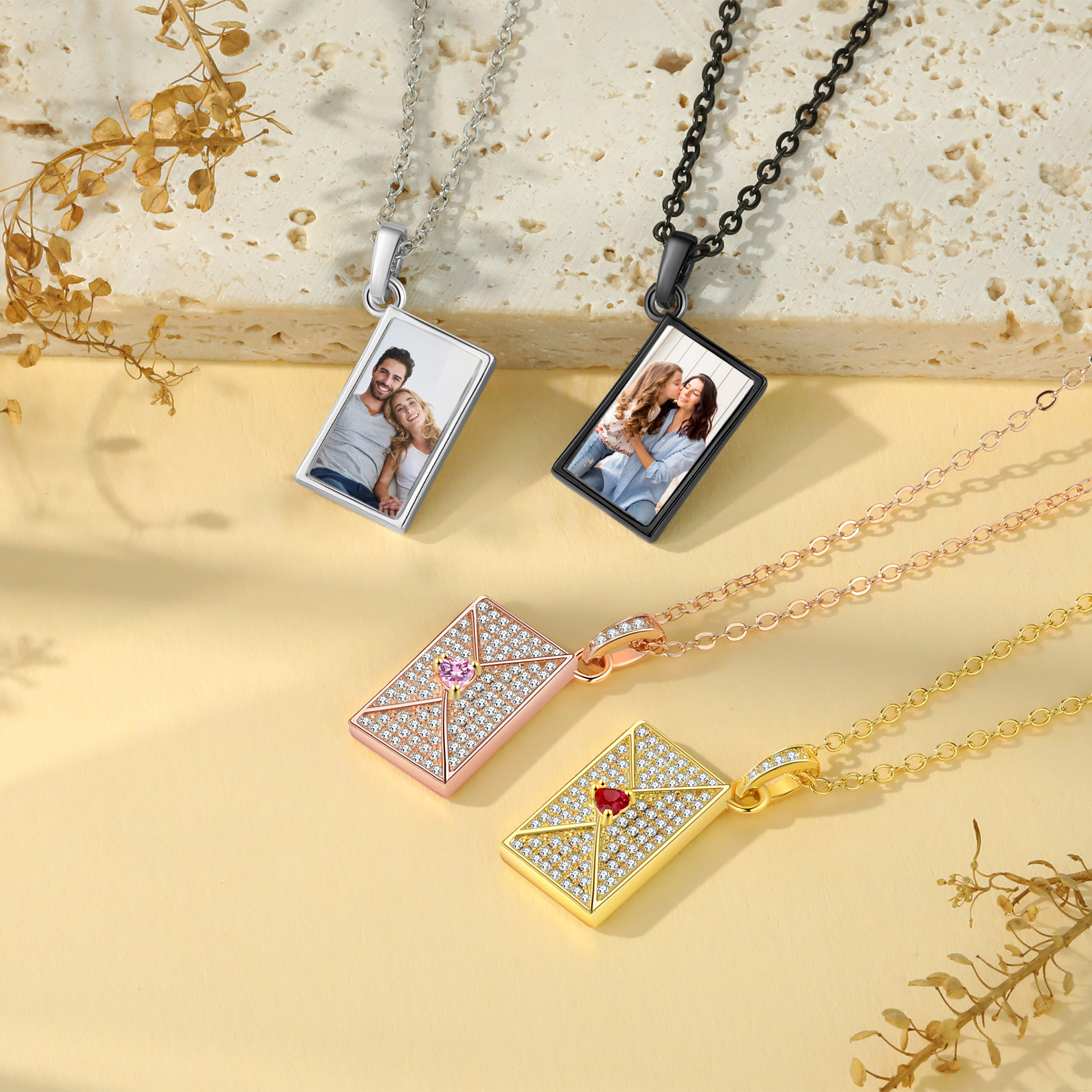 Personalised Envelope Pendant Necklace - Customised with 1 Photo & 1 Birthstone, Available in 4 Colours, Valentine’s Day Gift for Couple | Jessemade