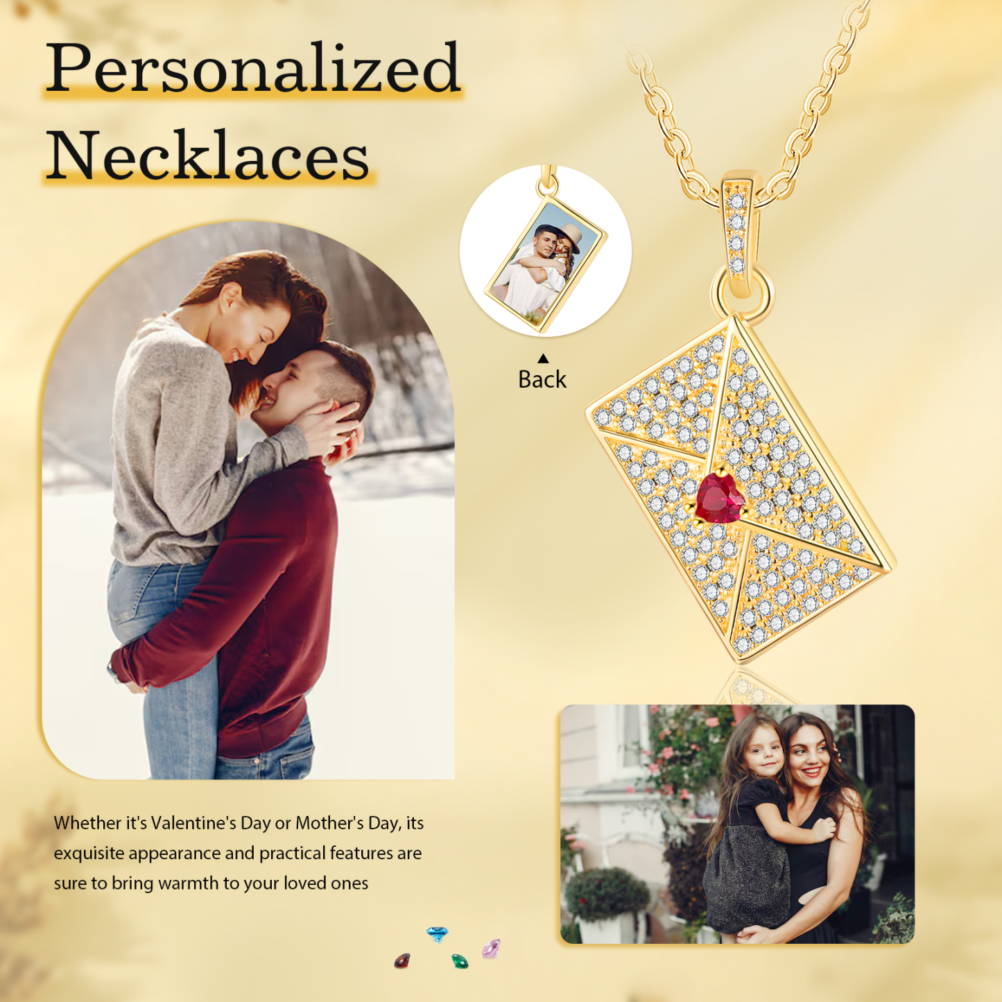 Personalised Envelope Pendant Necklace - Customised with 1 Photo & 1 Birthstone, Available in 4 Colours, Valentine’s Day Gift for Couple | Jessemade