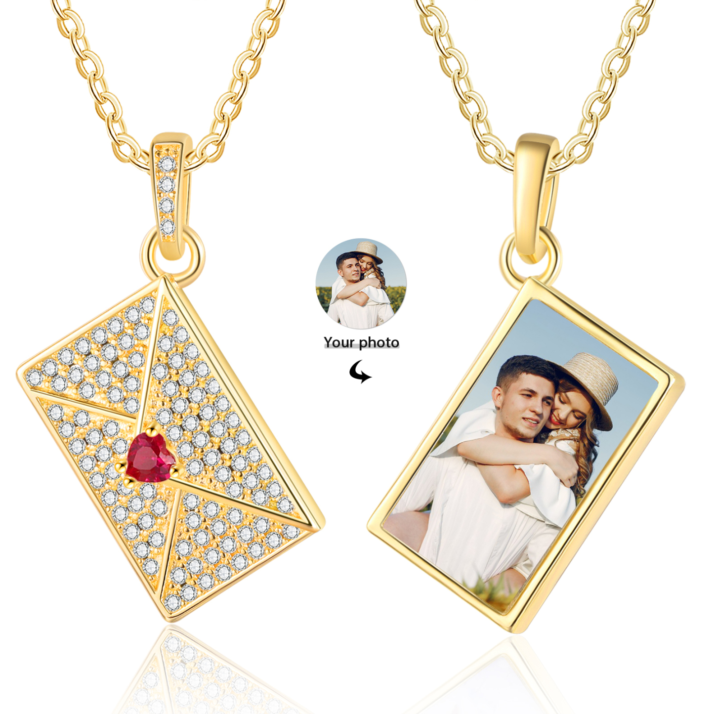 Personalised Envelope Pendant Necklace - Customised with 1 Photo & 1 Birthstone, Available in 4 Colours, Valentine’s Day Gift for Couple | Jessemade