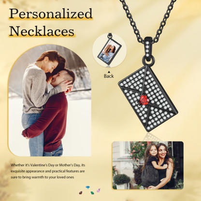 Personalised Envelope Pendant Necklace - Customised with 1 Photo & 1 Birthstone, Available in 4 Colours, Valentine’s Day Gift for Couple | Jessemade