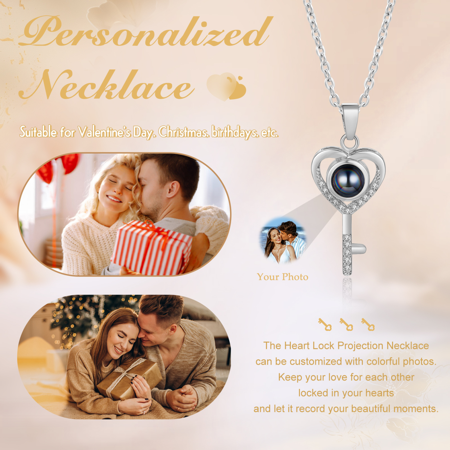 Collana Proiezione Personalizzata a Forma di Cuore con Chiave e 1 Foto – Regalo di San Valentino per Lei/Lui | Jessemade