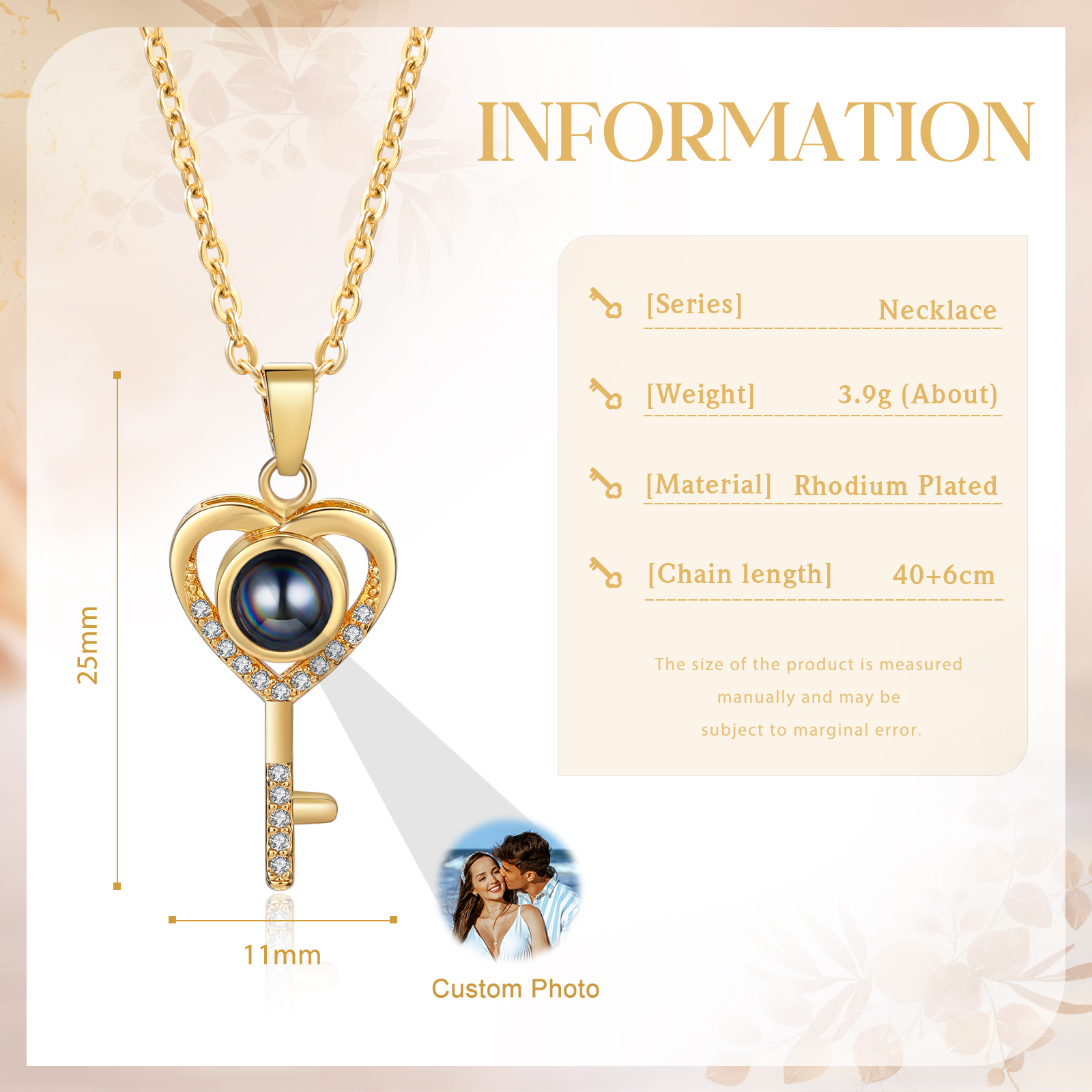 Collana Proiezione Personalizzata a Forma di Cuore con Chiave e 1 Foto – Regalo di San Valentino per Lei/Lui | Jessemade