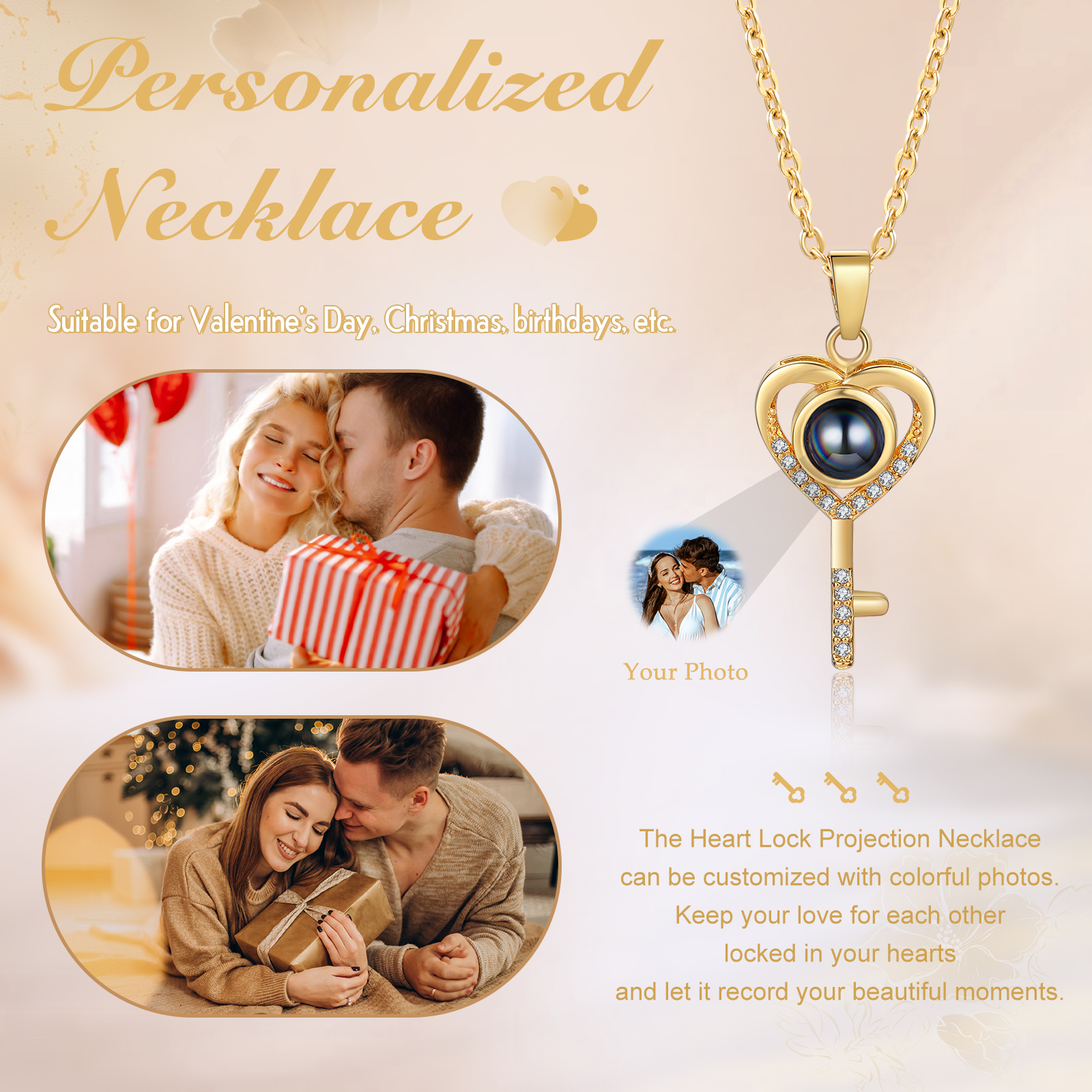 Collana Proiezione Personalizzata a Forma di Cuore con Chiave e 1 Foto – Regalo di San Valentino per Lei/Lui | Jessemade
