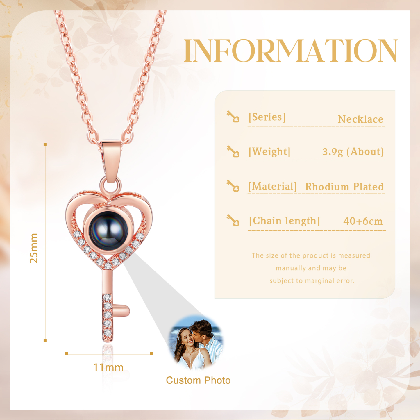 Collana Proiezione Personalizzata a Forma di Cuore con Chiave e 1 Foto – Regalo di San Valentino per Lei/Lui | Jessemade