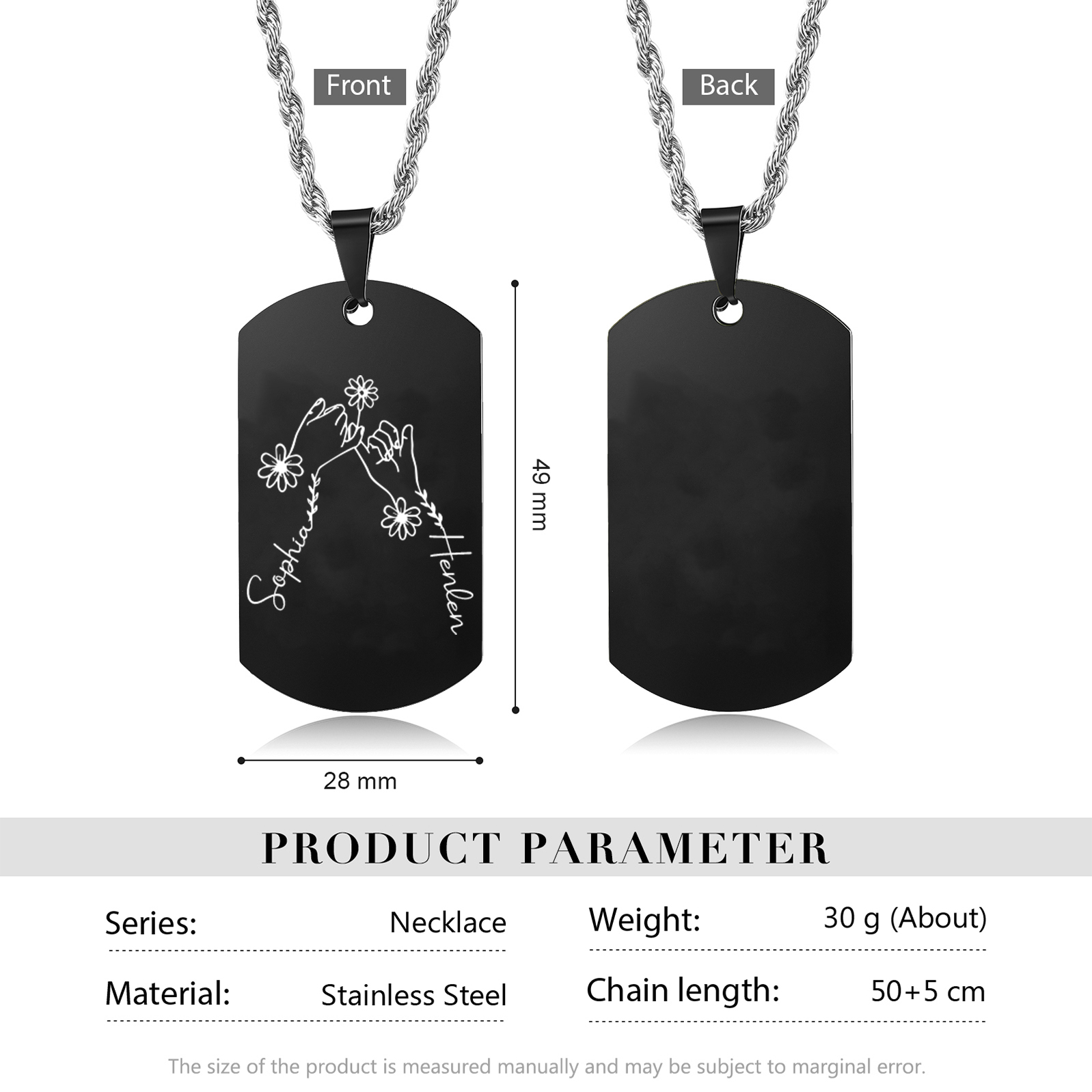 Collana Personalizzata per Coppie con 2 Nomi e Design con Mani Intrecciate - Acciaio Inossidabile Nero o Bianco - Regalo di San Valentino per Lei/Lui | Jessemade