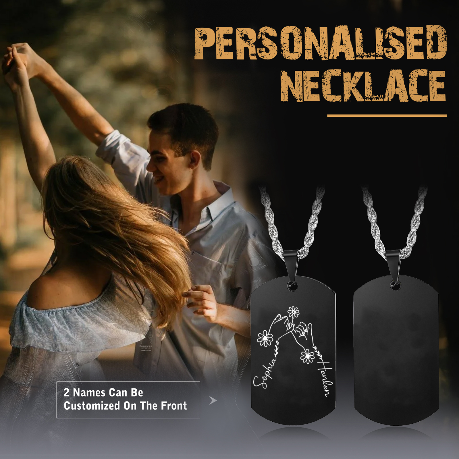 Collana Personalizzata per Coppie con 2 Nomi e Design con Mani Intrecciate - Acciaio Inossidabile Nero o Bianco - Regalo di San Valentino per Lei/Lui | Jessemade