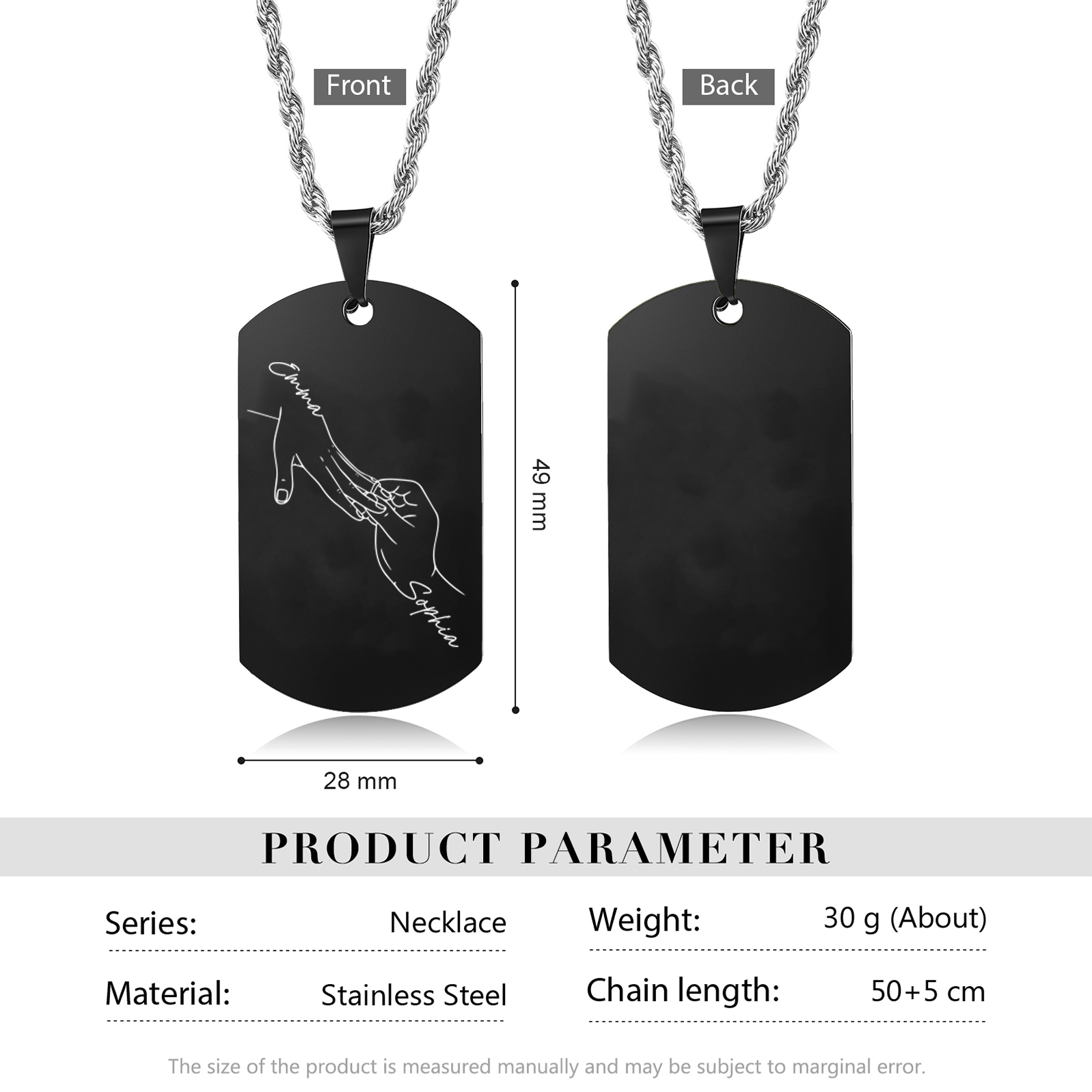 Collana Personalizzata per Coppie con 2 Nomi e Design con Mani Intrecciate - Acciaio Inossidabile Nero o Argento - Regalo di San Valentino per Lei/Lui | Jessemade