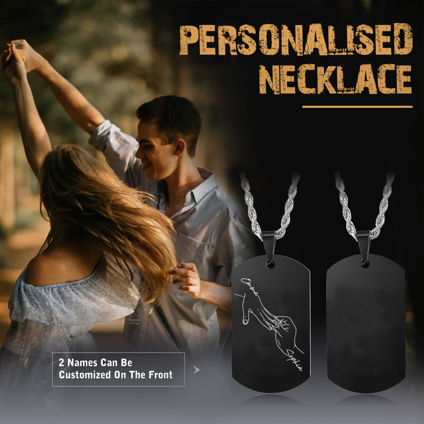 Collana Personalizzata per Coppie con 2 Nomi e Design con Mani Intrecciate - Acciaio Inossidabile Nero o Argento - Regalo di San Valentino per Lei/Lui | Jessemade