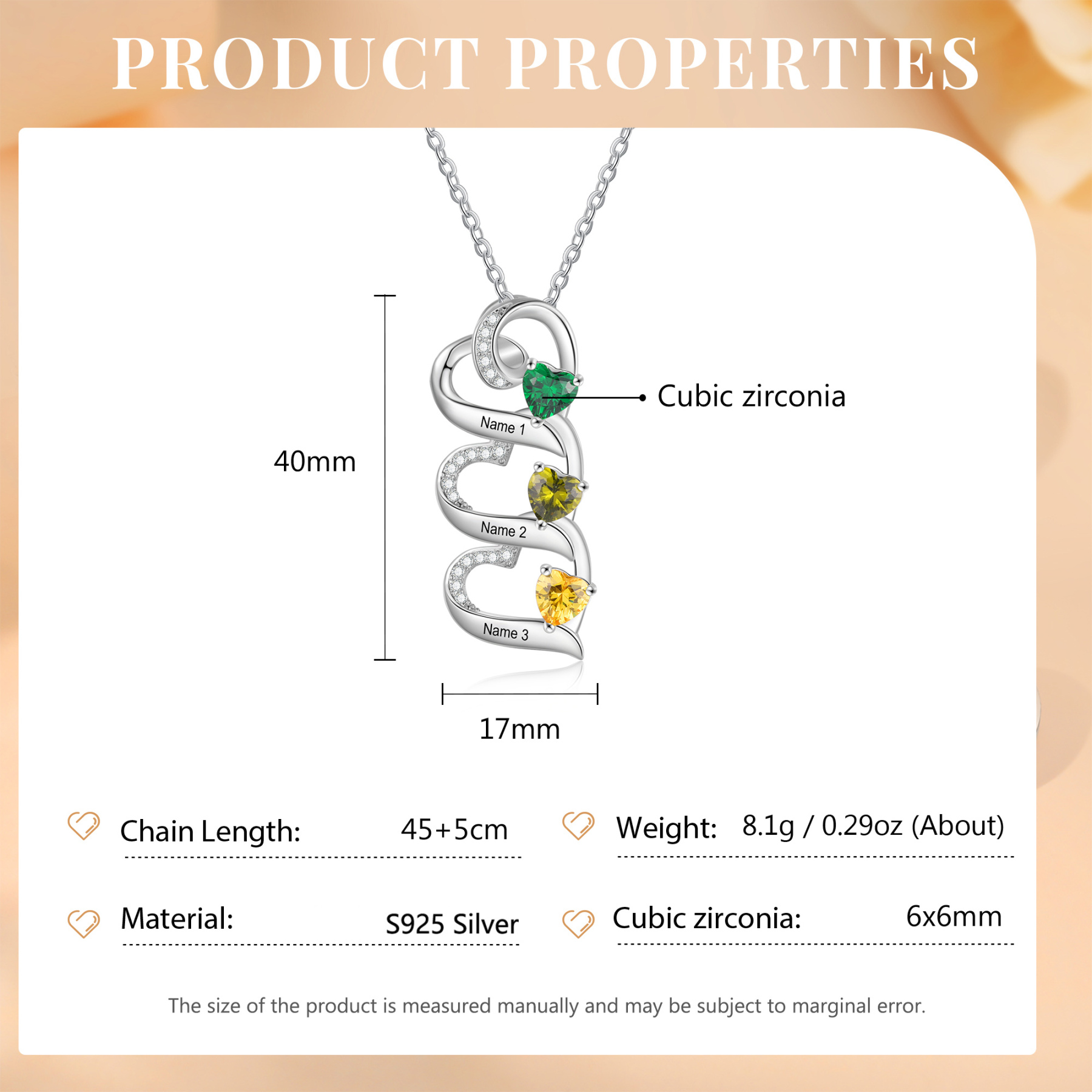 Personalised Heart Necklace with Custom 3 Names & 3 Birthstones – 925 Sterling Silver Triple Heart Design – Special Gift for Her | Jessemade