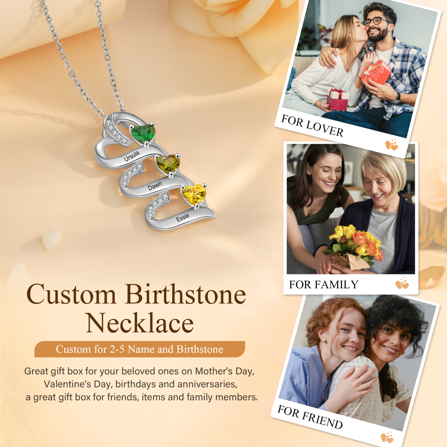 Personalised Heart Necklace with Custom 3 Names & 3 Birthstones – 925 Sterling Silver Triple Heart Design – Special Gift for Her | Jessemade