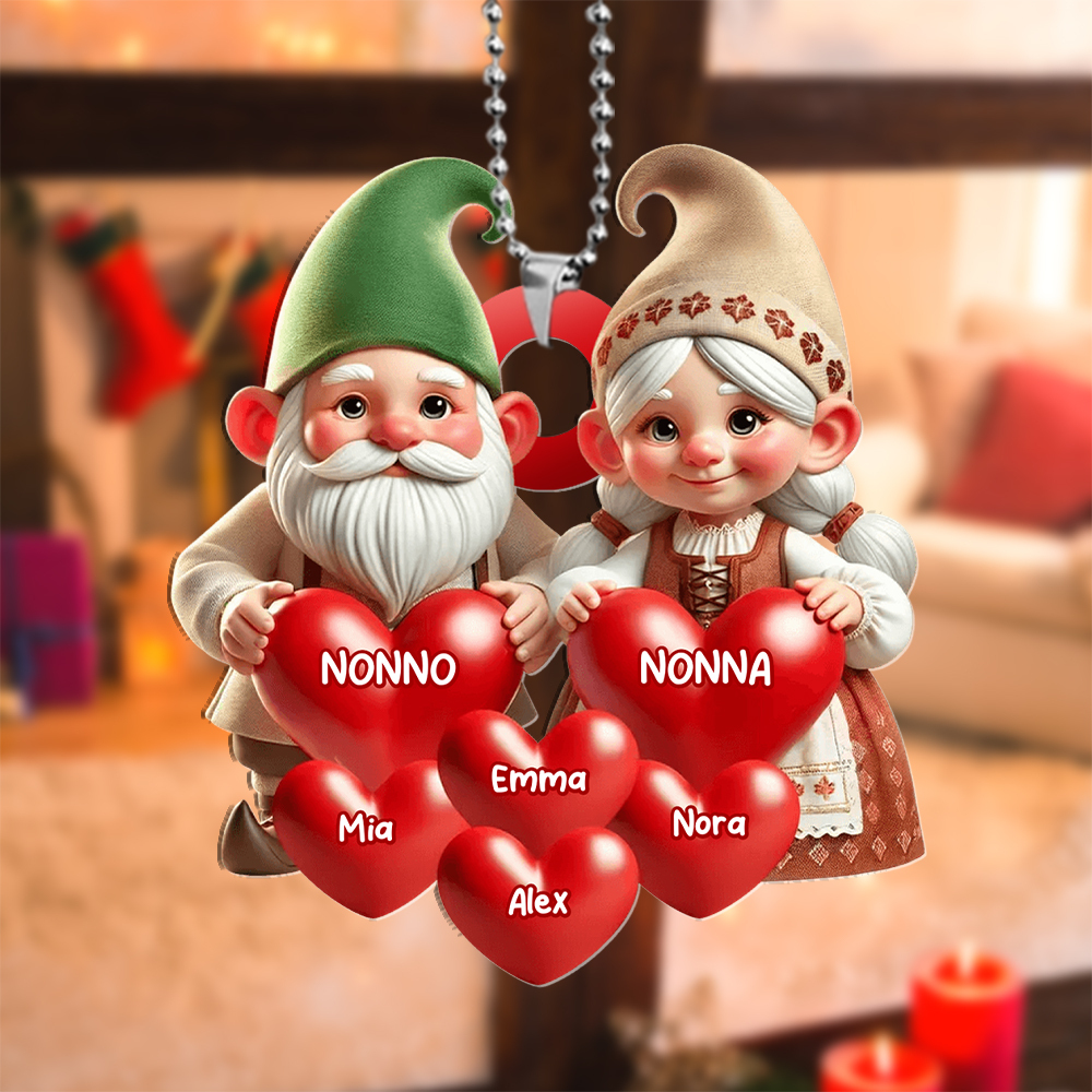 Decorazione per albero di Natale con cuori e nome personalizzati - Famiglia di gnomi
