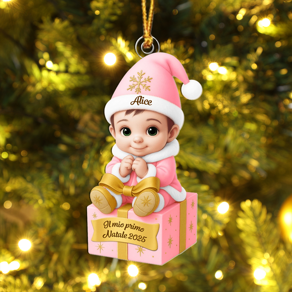 Decorazione personalizzata per l'albero di Natale – Bebè su pacco regalo per il primo Natale